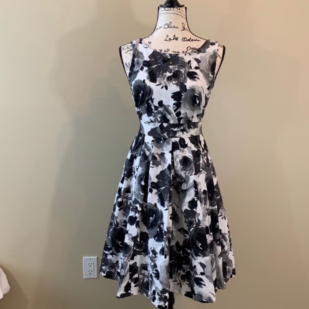 H&M Black and White Floral Fit-and-Flare Dress